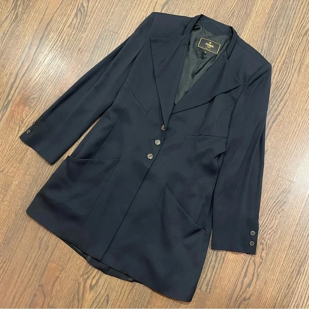 Vintage FENDI 365 Blazer Tuxedo Style Shoulder Pads Logo Buttons IT 46 - Picture 7 of 10